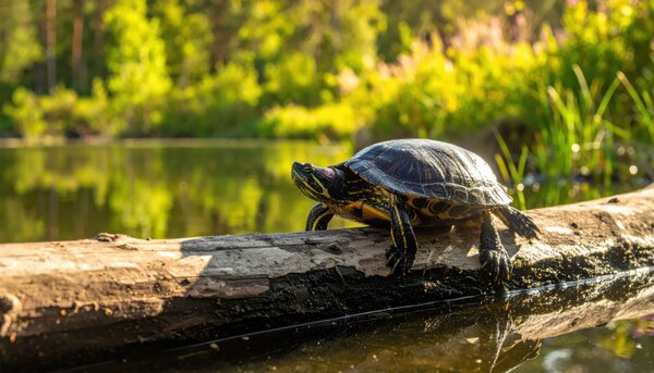 Bild vergr&ouml;&szlig;ern: Nahaufnahme einer Schildkröte, die auf einem verwitterten Baumstamm in einer idyllischen Naturlandschaft mit üppigem Grün und ruhigem Wasser ruht.